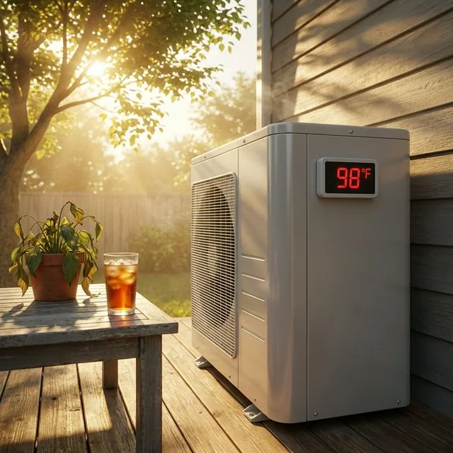Air conditioning unit in summer heat with cost breakdown overlay