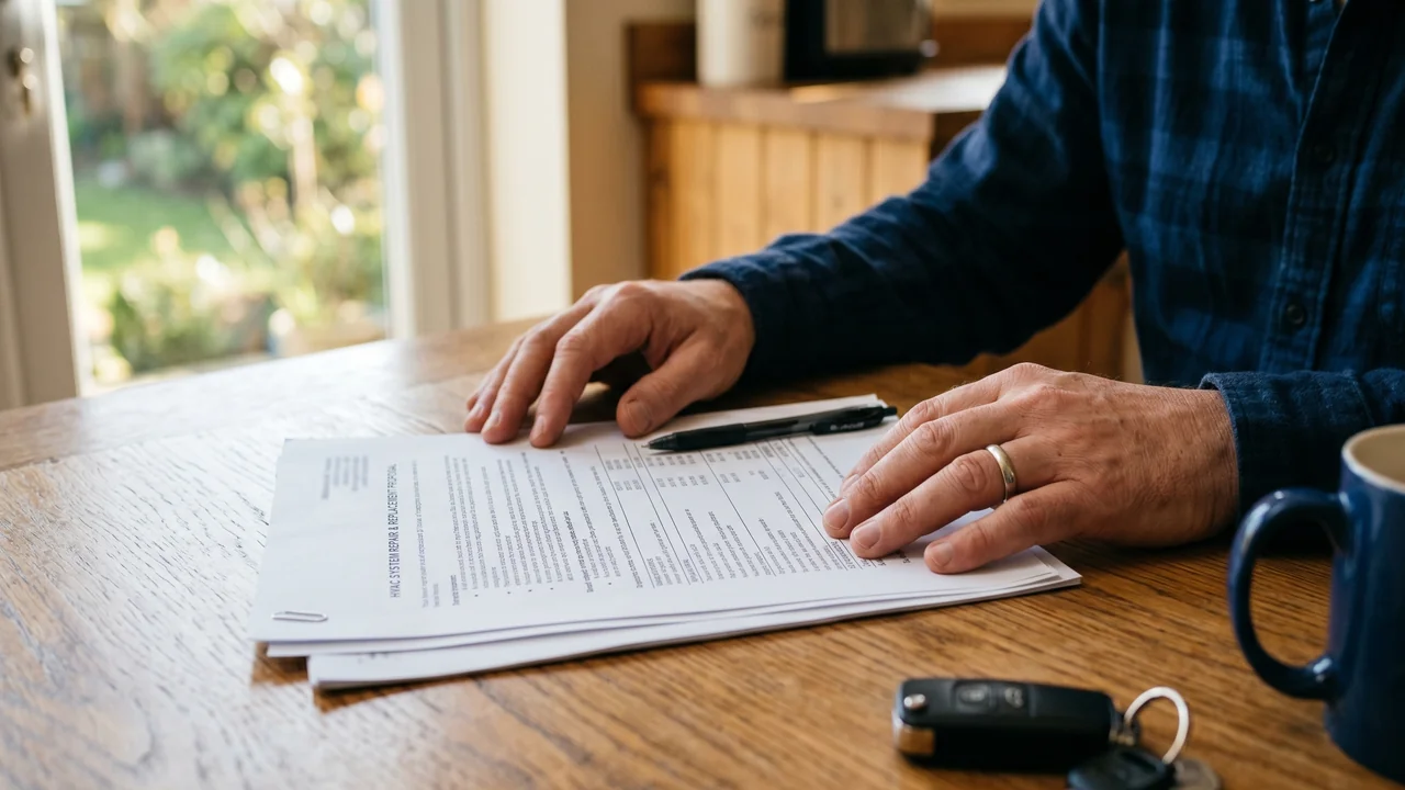 A homeowner reviewing a printed HVAC repair quote at a kitchen table