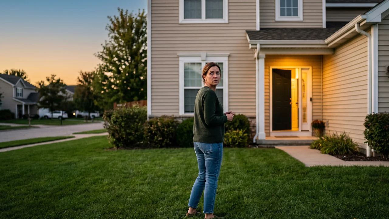 A homeowner standing on the front lawn of a suburban home in evening light looking back at the house with a concerned expression, with the front door still open behind them, illustrating the correct first-60-second response to a suspected gas leak or carbon monoxide alarm: evacuate first, call 911 or the gas utility from outside, before doing anything else inside the home