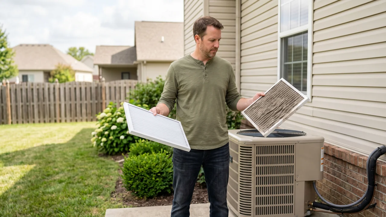 A homeowner in a casual long-sleeve shirt standing in front of a residential outdoor HVAC condenser unit on a concrete pad beside a suburban home, holding a fresh pleated air filter in one hand and the used dust-loaded filter in the other, illustrating the DIY filter-change check that is the foundation of homeowner HVAC maintenance