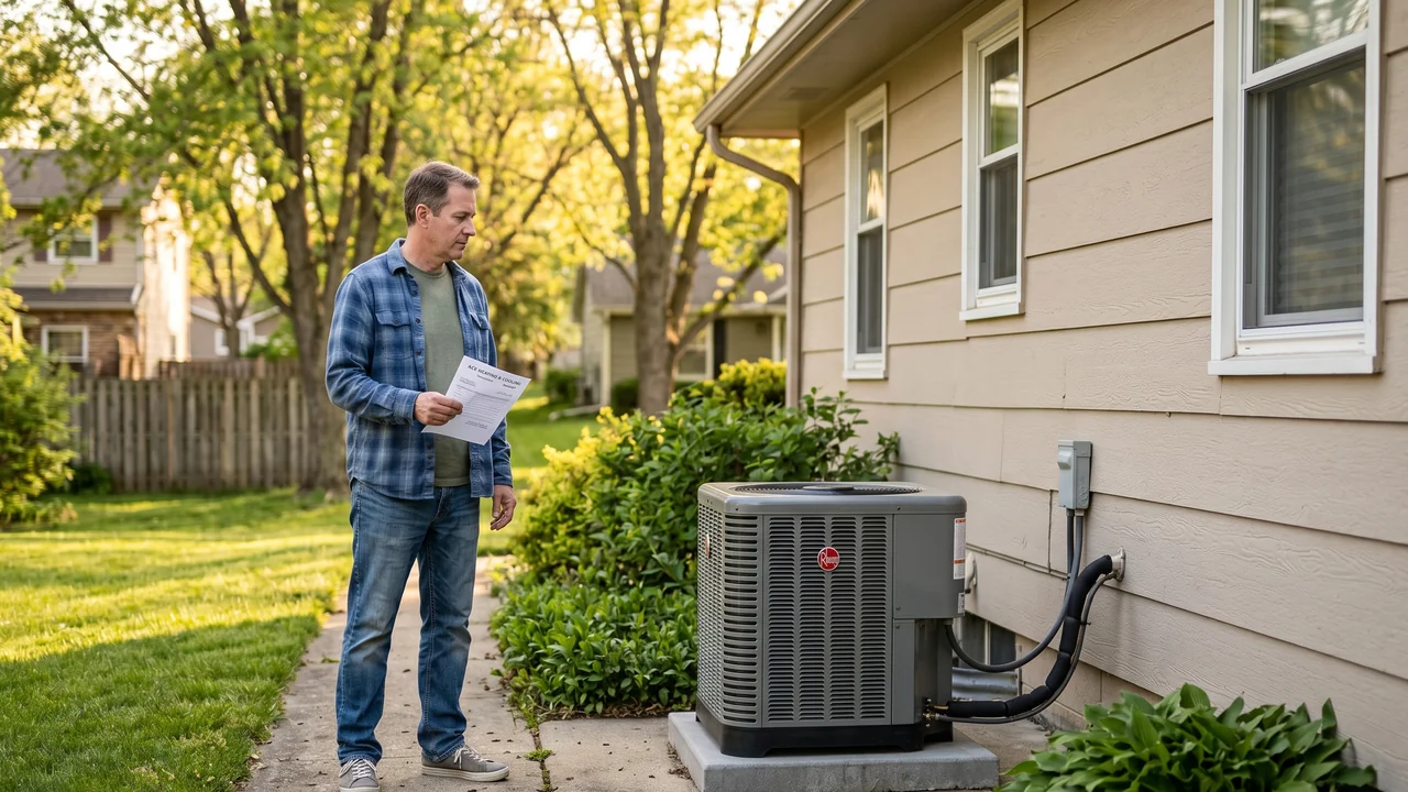 Homeowner in casual weekend clothes standing in a suburban side yard at golden hour, looking thoughtfully at a residential outdoor HVAC heat pump unit on its concrete pad against the side of a two-story home, holding a paper contractor quote in one hand, illustrating the 2026 homeowner decision of whether to switch from a gas furnace to a heat pump